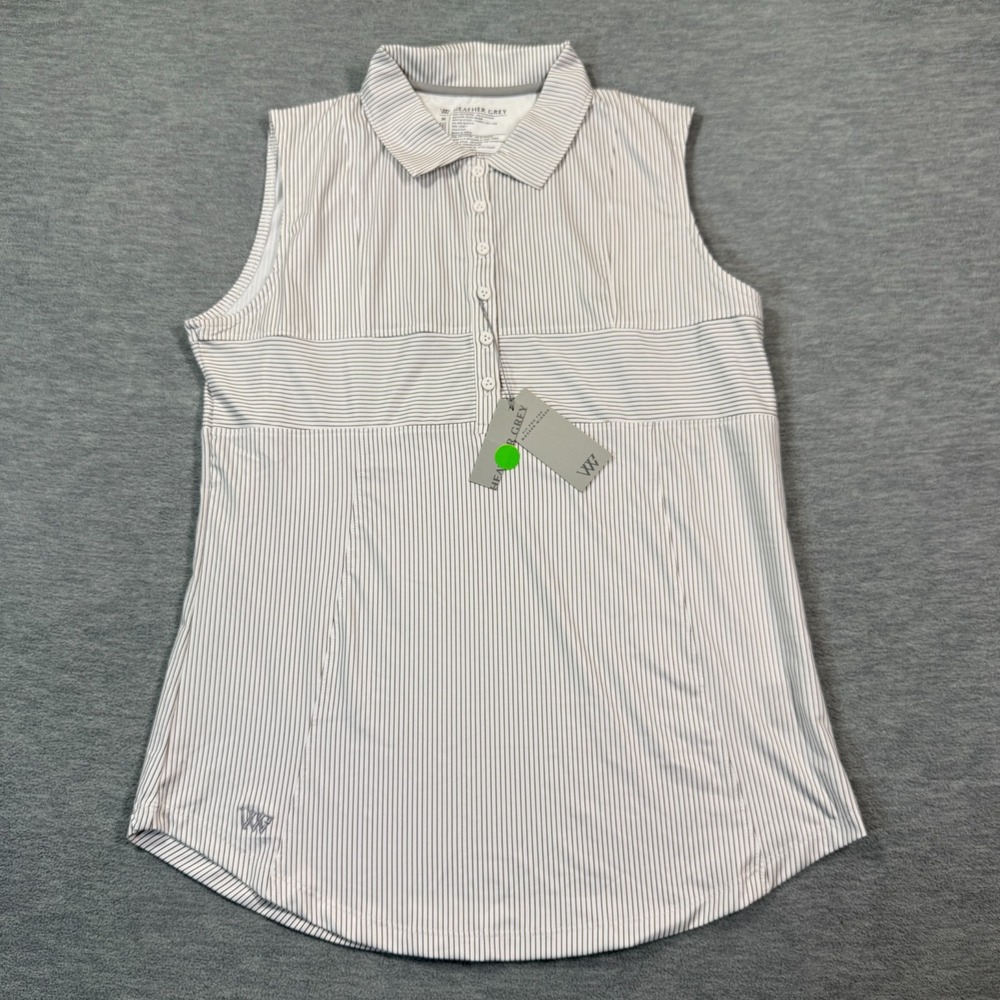 Heather Grey Top Women M White Gray Striped Sleeveless Collared Button Shirt New